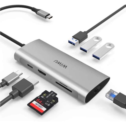 Адаптер WIWU Alpha 831HRT 8-in-1 USB-C to 3xUSB3.0 | HDMI | RJ45 | USB-C | SD | Micro SD Silver