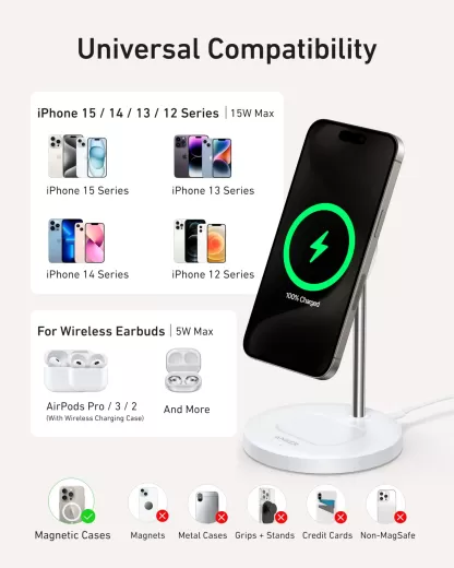 Бездротова зарядка Anker MagGo Wireless Charger Stand 2 в 1 White