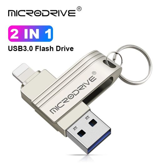 Флешка MicroDrive 2 в 1 OTG USB To Lightning Metal Pendrive Flash Drive 512GB Silver для iPhone