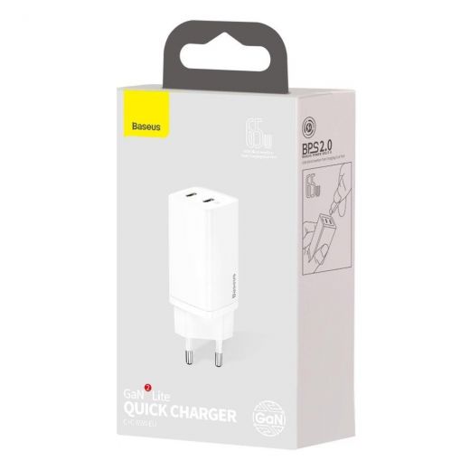 Швидка зарядка Baseus GaN2 Lite Quick Charger 2xUSB Type-C 65W, White (CCGAN2L-E02)