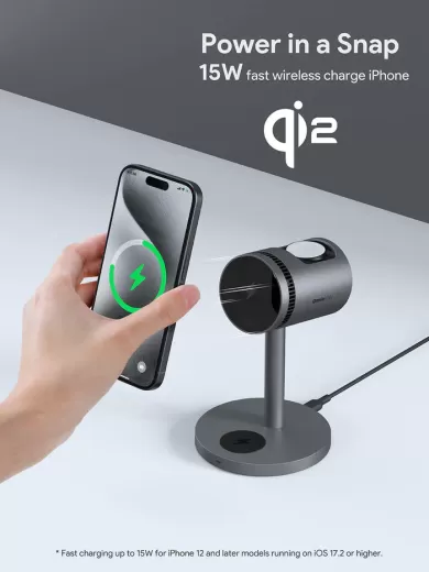 Док-станция Aukey LC-MC311A MagFusion 3 в 1 Pro Qi2 Active Cooling Wireless Charging Station Gray