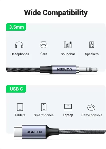 Переходник Ugreen USB-C Male to 3.5mm Male Cable DAC чип 1 м Black/ Grey (CM450)