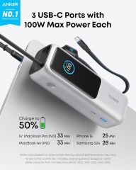 Повербанк Anker Power Bank 25K, 165W, Built-In and Retractable Cables Silver
