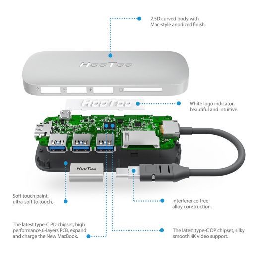 Адаптер HooToo Shuttle USB-C Hub Silver для Mac