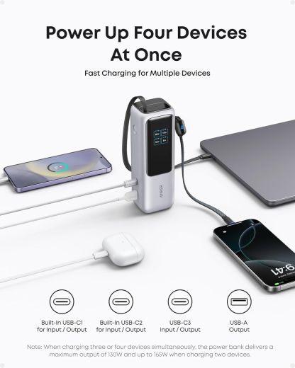 Повербанк Anker Power Bank 25K, 165W, Built-In and Retractable Cables Silver