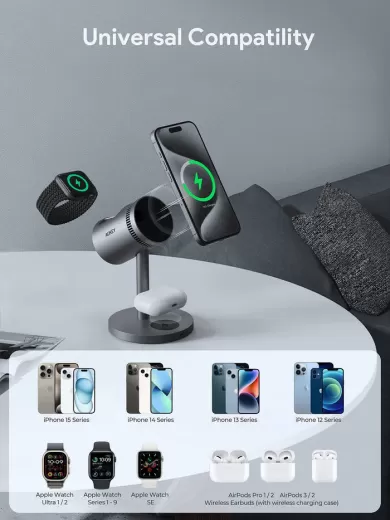 Док-станция Aukey LC-MC311A MagFusion 3 в 1 Pro Qi2 Active Cooling Wireless Charging Station Gray