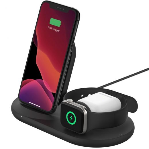 Беспроводная зарядка Belkin 3-in-1 Wireless Pad/Stand/Apple Watch Black (WIZ001VFBK)