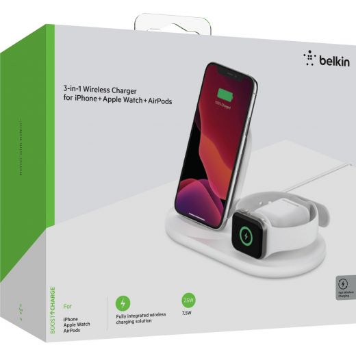 Бездротова зарядка Belkin 3-in-1 Wireless Pad/Stand/Apple Watch White (WIZ001VFWH)