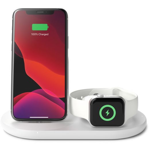 Бездротова зарядка Belkin 3-in-1 Wireless Pad/Stand/Apple Watch White (WIZ001VFWH)