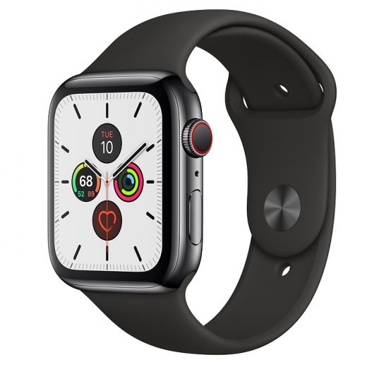 Used Apple Watch Series 5 (GPS + LTE) 44mm Space Black Stainless Steel Case with Black Sport Band (MWW72, MWWK2) 5+