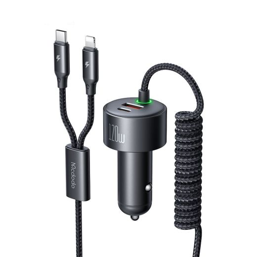 Автомобільна зарядка з кабелем Mcdodo [CC-0370] PD+PPS+QC Quick Car Charger 3A 120W with LED Spring Cable USB-C+Lightning Black