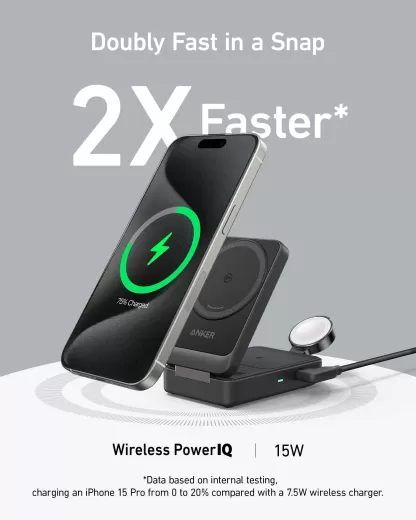 Беспроводная зарядка Anker MagGo Wireless Charging Station (Foldable 3 в 1) Qi2 15W Black Stone