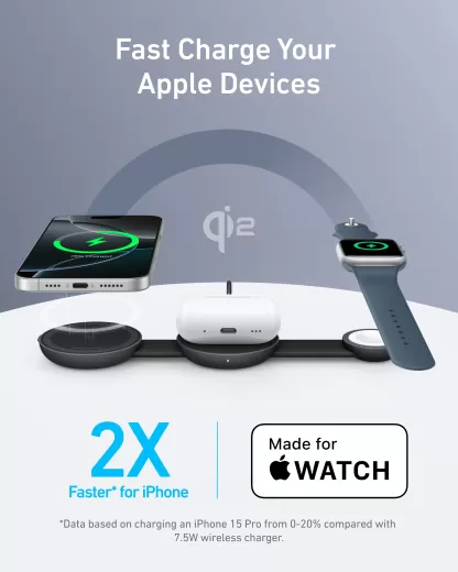 Бездротова зарядка Anker MagGo Wireless Charging Station (3 в 1, Foldable Pad) Black Stone