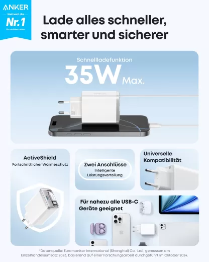 Зарядка Anker Nano Charger (35W, Integrated Retractable USB-C Cable) White