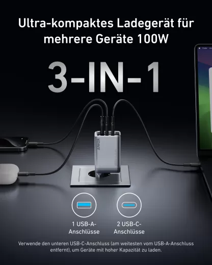 Швидка зарядка Anker Prime Charger 100W, 3 Ports, GaN (A2688341)