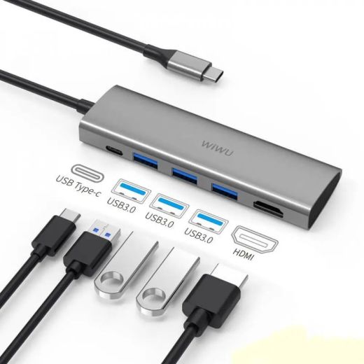 Адаптер WiWU Alpha A531H 5 in 1 USB-C to 3xUSB3.0 | 1xType-C | 1xHDMI Grey