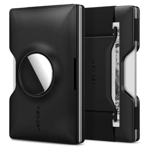 Кожаный чехол для карточек c держателем для AirTag Spigen Card Holder Wallet S Black (AHP04245)