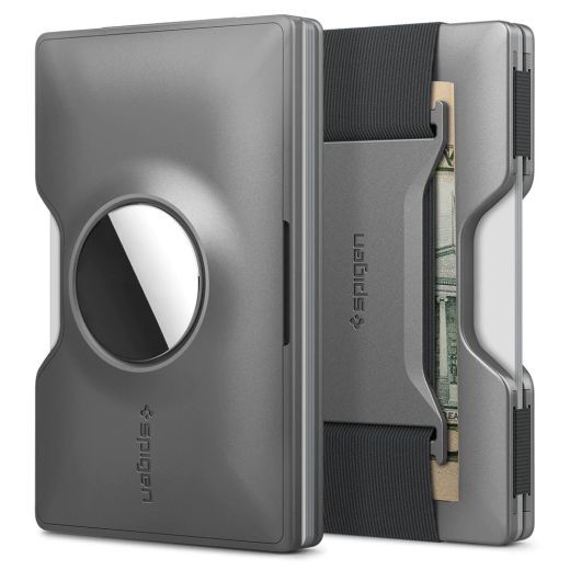 Кожаный чехол для карточек c держателем для AirTag Spigen Card Holder Wallet S Gunmetal (AMP02303)