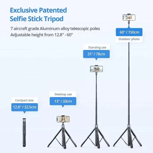 Палка для селфи на штативе Atumtek Premium Plus 150 см Phone Tripod Selfie Stick Black