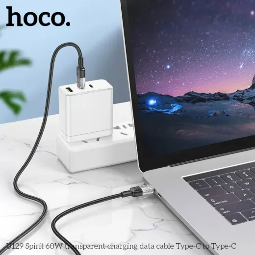 Кабель HOCO U129 Spirit 60W Transparent Type-C to Type-C 1.2м Black