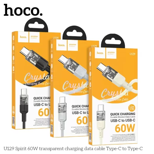 Кабель HOCO U129 Spirit 60W Transparent Type-C to Type-C 1.2м Black