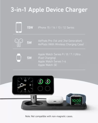 Беспроводная зарядка Anker MagGo Wireless Charging Station (3 в 1 Pad) Qi2 15W Black Stone