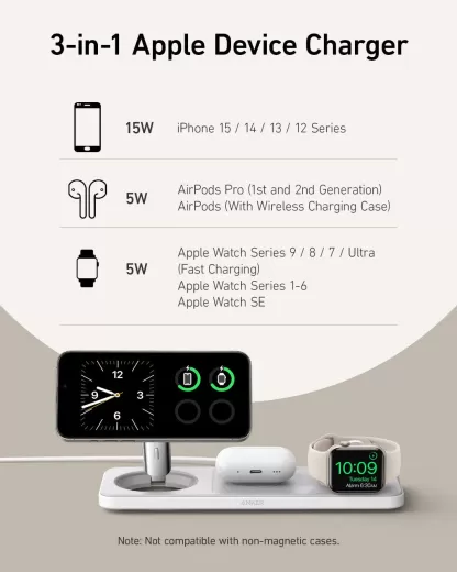 Бездротова зарядка Anker MagGo Wireless Charging Station (3 в 1 Pad) Qi2 15W Shell White