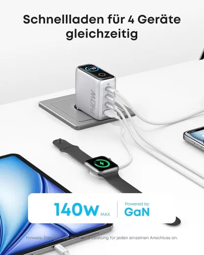 Швидка зарядка Anker 140W, 4 порти, PD 3.1 with USB-C Cable Silver
