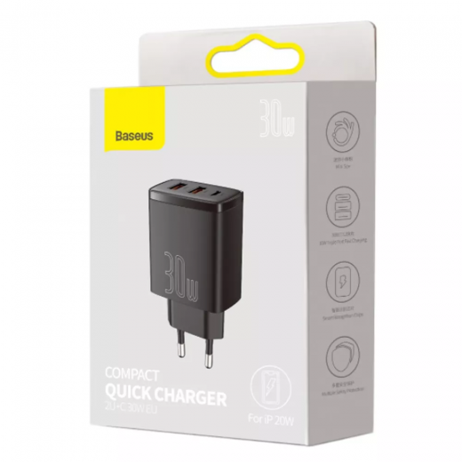 Швидка зарядка Baseus Compact Quick Charger 30W QC+ PD Black (1Type-C + 2USB) (CCXJ-E01)