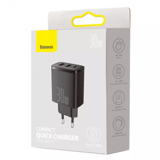 Сетевая быстрая зарядка Baseus Compact Quick Charger 30W QC+ PD Black (1Type-C + 2USB) (CCXJ-E01)