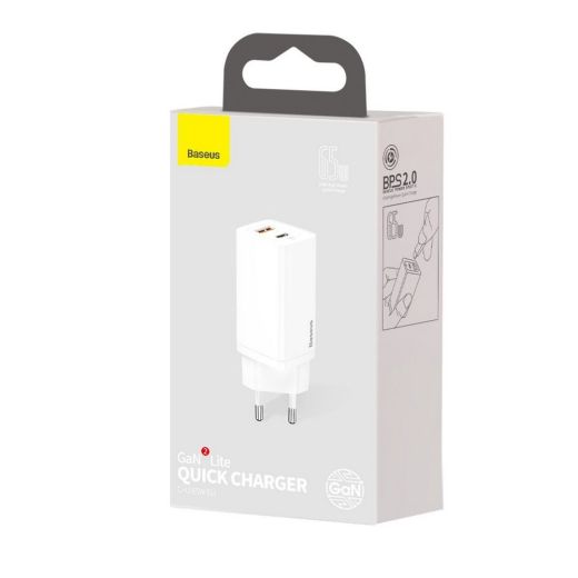 Быстрая зарядка Baseus GaN2 Lite Quick Charger 65W (1 Type-C + 1 USB) White (CCGAN2L-B02)