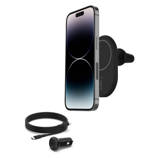 Автомобильный держатель с беспроводной зарядкой Belkin Magnetic Wireless Car Charger Black (WIC004btBK) (Включена автомобильная зарядка в прикуриватель + кабель)