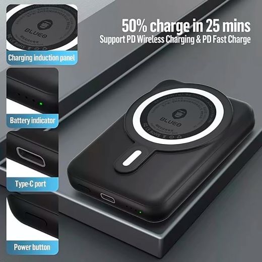 Повербанк с MagSafe (повербанк) Blueo Wireless Powebank 10000 mAh Black (P010BLK)