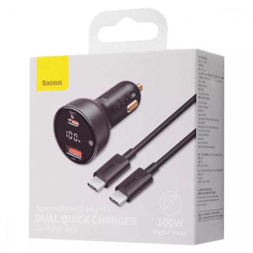 Автомобільний зарядний пристрій Baseus Superme Digital Display PPS QC + Cable Baseus Type-C to Type-C 100W (1m)