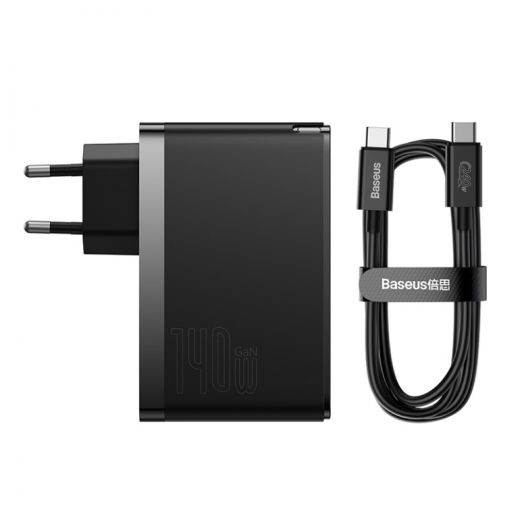 Сетевое зарядное устройство Baseus GaN5 Pro 3 порта, USB + Type-C 140W Black + кабель Baseus Superior Type-C to Type-C 240W（48V/5A) Black (CCGP100201)