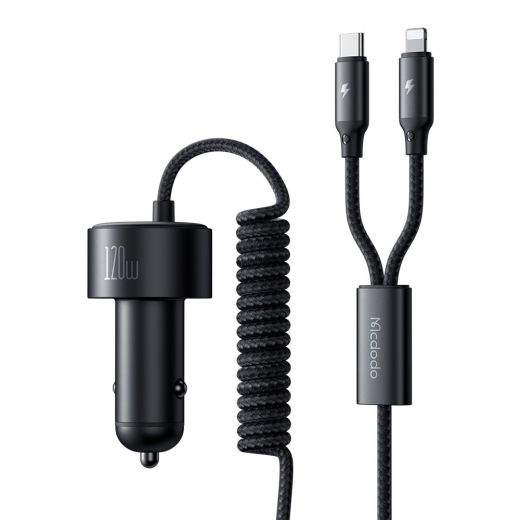 Автомобільна зарядка з кабелем Mcdodo [CC-0370] PD+PPS+QC Quick Car Charger 3A 120W with LED Spring Cable USB-C+Lightning Black