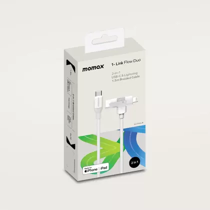 Кабель Momax 1-Link Flow Duo 2 в 1 USB-C to USB-C/Lightning Braided Cable 1.5м White (DL56W)