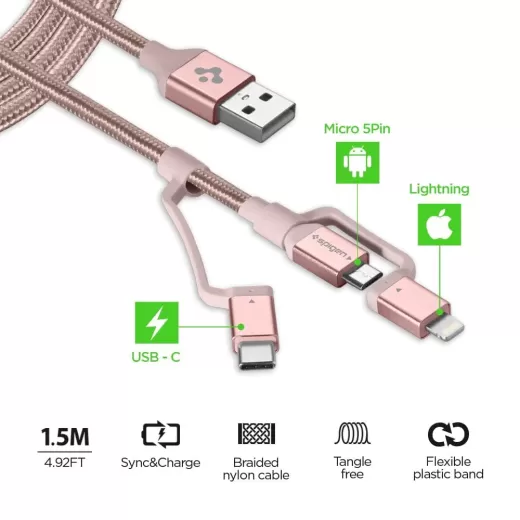 Кабель Spigen DuraSync™ 3 в 1 Charger Cable 1.5 метра Rose Gold (000CB23019)