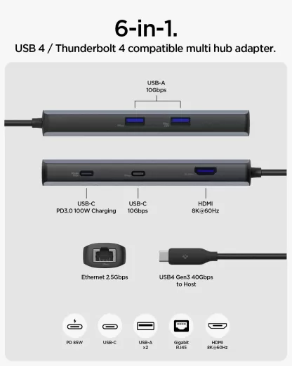 Адаптер Spigen ArcDock Pro Multi Hub 6 в 1 PD2302 Space Grey (ACA06193)