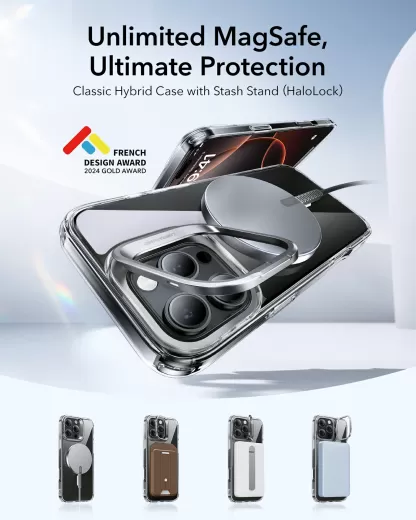 Прозорий чохол з підставкою ESR Classic Hybrid Case with Stash Stand (HaloLock) Clear Black для iPhone 16 Pro (1A7490202)