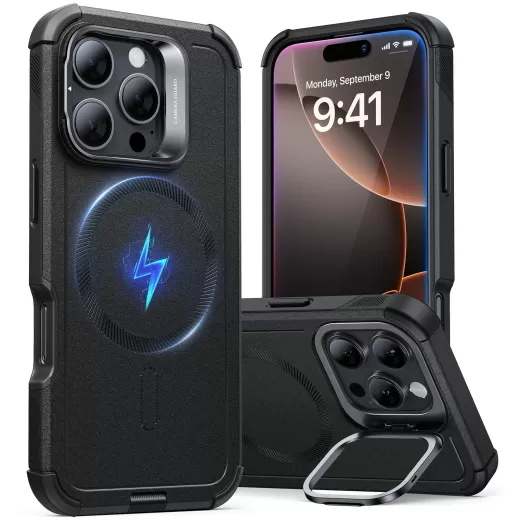 Противоударный чехол с подставкою ESR Cyber Tough Case with Stash Stand (HaloLock) Black для iPhone 16 Pro Max (1A7660102)