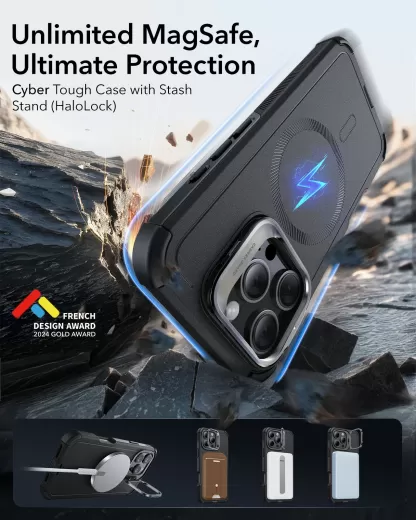 Противоударный чехол с подставкою ESR Cyber Tough Case with Stash Stand (HaloLock) Black для iPhone 16 Pro Max (1A7660102)