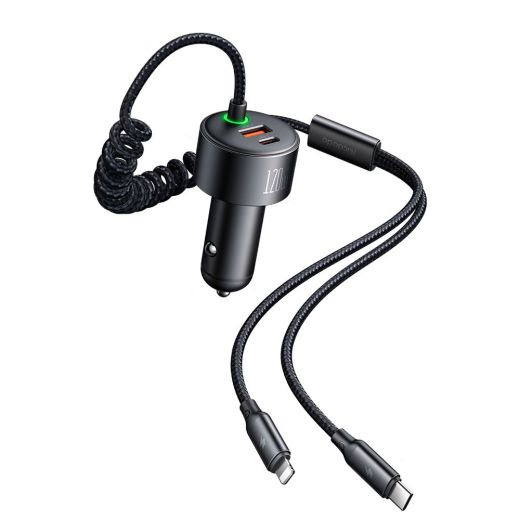Автомобільна зарядка з кабелем Mcdodo [CC-0370] PD+PPS+QC Quick Car Charger 3A 120W with LED Spring Cable USB-C+Lightning Black