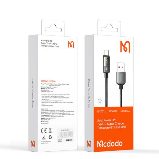 Нейлоновый кабель Mcdodo Auto Power Off 6A USB-C Super Charge Transparent Data Cable 1.2 метр (CA-3150)