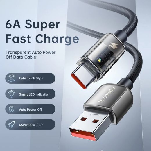 Нейлоновый кабель Mcdodo Auto Power Off 6A USB-C Super Charge Transparent Data Cable 1.8 метр (CA-3151)