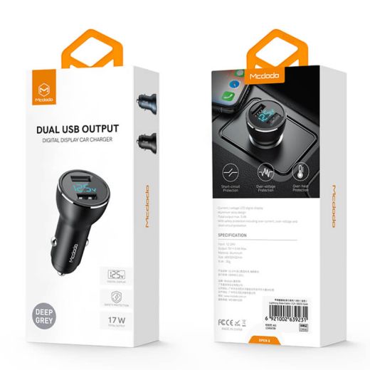 Автомобільний зарядний пристрій Mcdodo LED 5V 3.4A Digital Display Dual USB Ports Car Charger Dark Grey