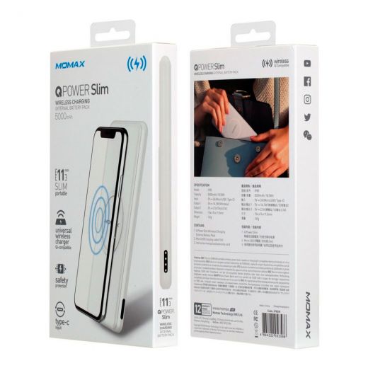 Повербанк MOMAX Q.Power Slim Wireless Charging Pad + Power Bank 5000mAh White (IP85W)