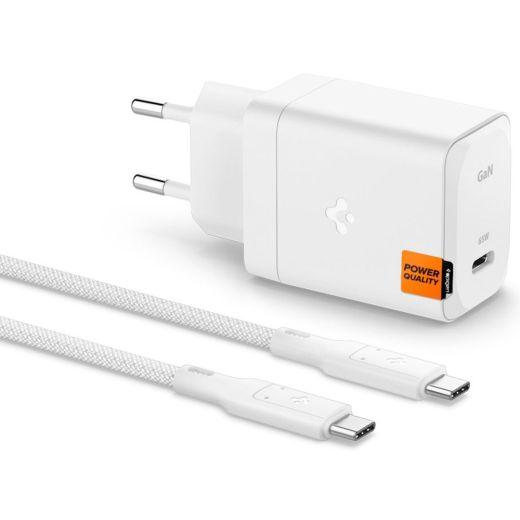 Быстрая зарядка Spigen ArcStation™ Pro GaN-651 65W White + кабель Type-C Cable White (ACH05476)