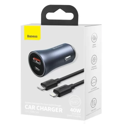 Автомобильное зарядное устройство с кабелем Baseus Golden Contactor Pro Dual Car Charger U+C 40W (With Cable Type-C/ iP 1m) Dark Grey (TZCCJD-B0G)