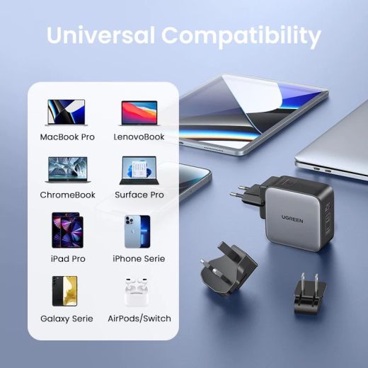 Быстрая зарядка Ugreen 65W Nexode GaN USB C 3-Port Charger With US/UK/EU вилка для путешествий (90409)